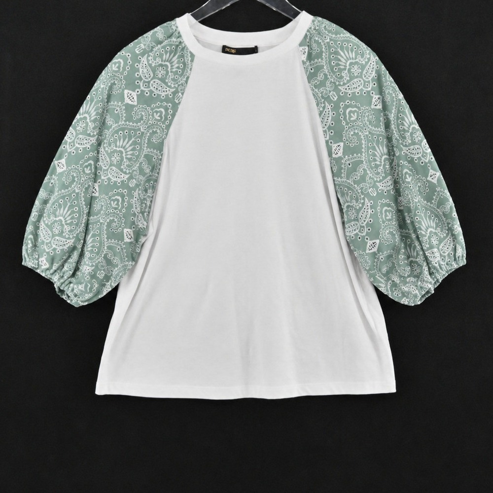 Maje Taberie Puff Sleeve Top‎ Womens Size L White Green Paisley Eyelet Cotton